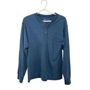 Hanes Beefy Mens Blue Long Sleeve Henley Shirt Medium Regular Fit Layering